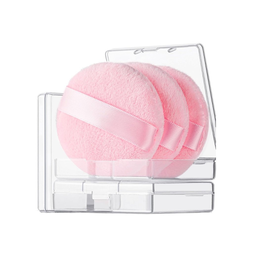 Beyondbeautyblis 3-Pack Pink 2.36-Inch Makeup Powder Puffs with Clear Storage Cases (2)
